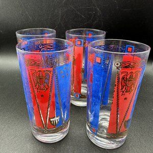 Georges Briard Glasses Gold Barware Tall Highball Patriotic Red Blue MCM Eagle